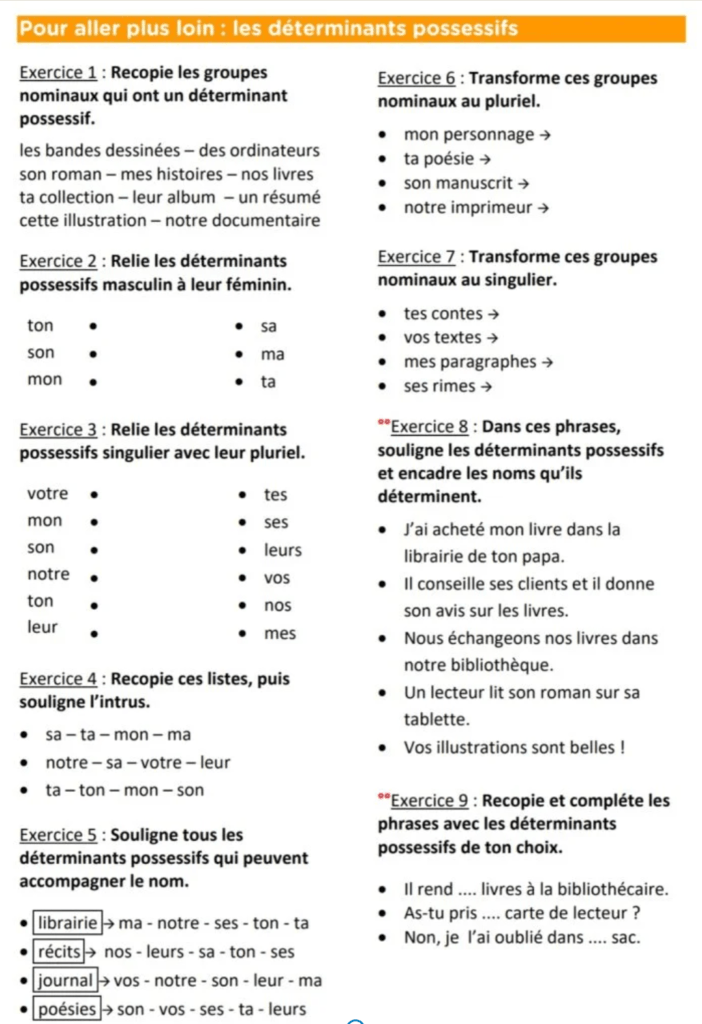 exercices déterminants possessifs CM1 CM2 Fiche 2