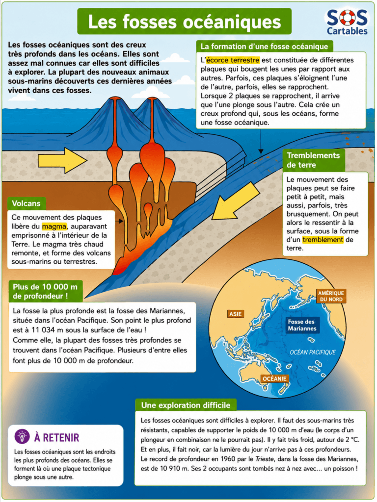 Les fosses océaniques CM1 CM2 : leçon complète et gratuite 2 Les fosses océaniques CM1 CM2 — fosse des Mariannes subduction plaques tectoniques profondeur