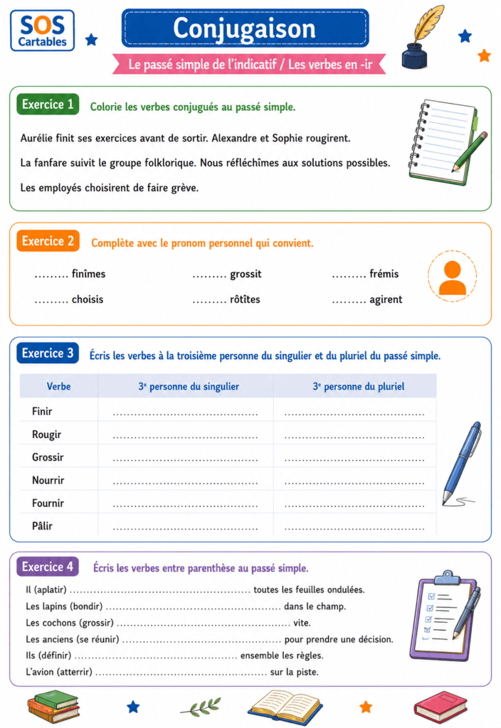 Exercices passé simple verbes en -ir : entraînement complet CM2 2 exercices passé simple verbes en -ir : fiche d'exercices n°1