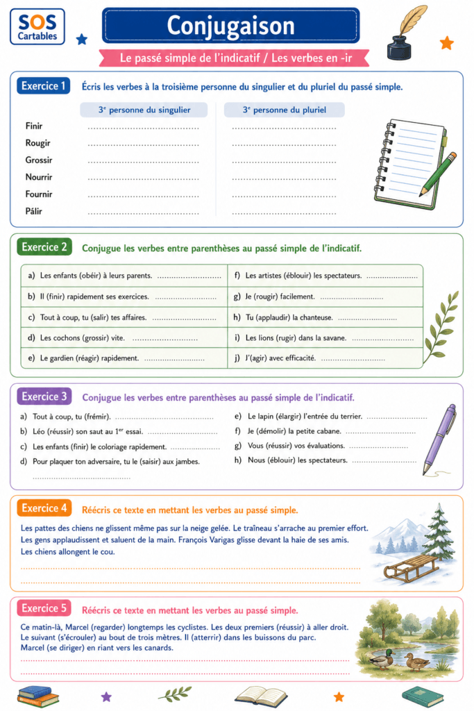 Exercices passé simple verbes en -ir : entraînement complet CM2 3 exercices passé simple verbes en -ir : fiche d'exercices n°2