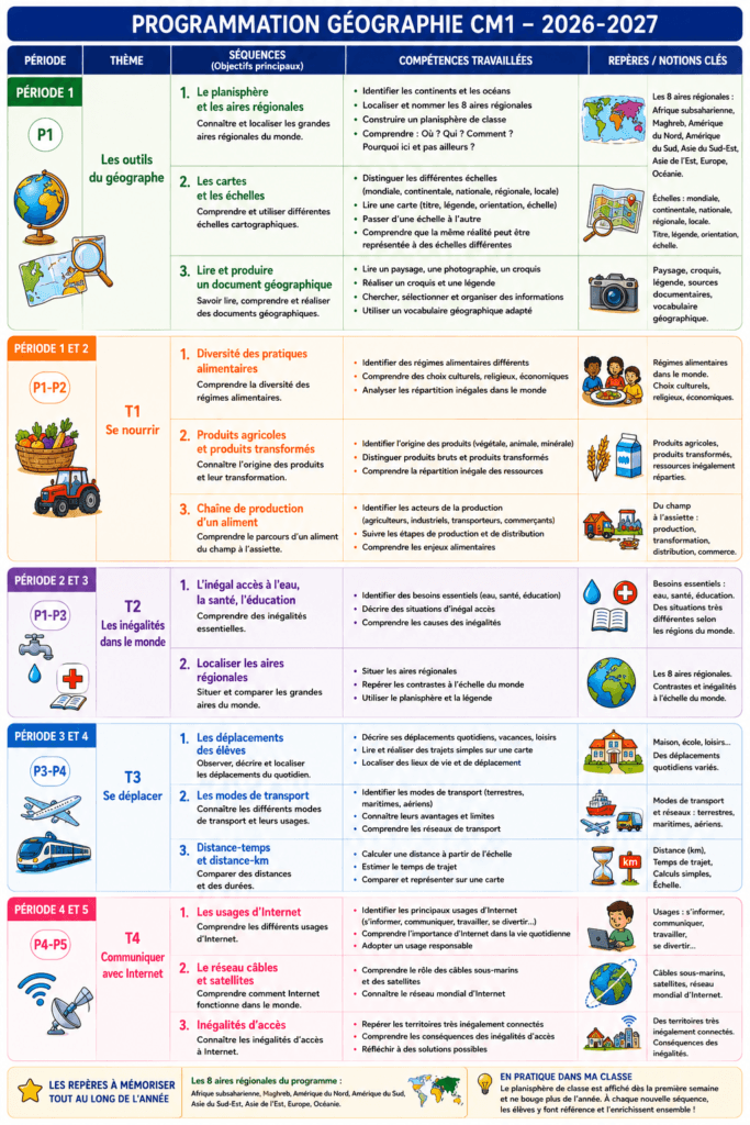 Tableau de la programmation Géographie CM1 2026 2027
