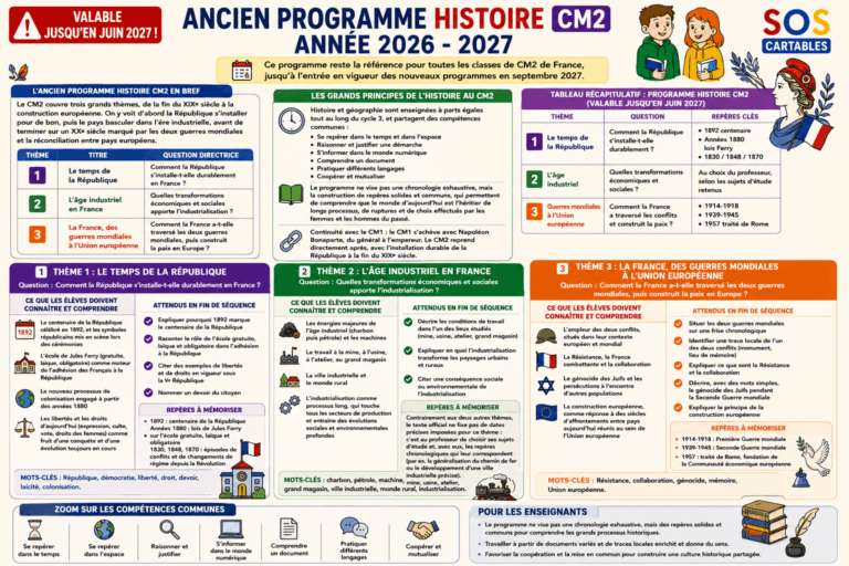 Ancien programme Histoire CM2 : Année 2026-2027 4 leçons et exercices CM1-CM2,SOS Cartables,Sciences