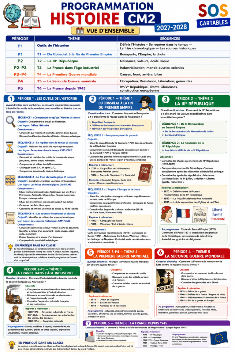 Programmation Histoire CM2 2027-2028 : Nouveaux programmes 4 leçons et exercices CM1-CM2,SOS Cartables,Sciences
