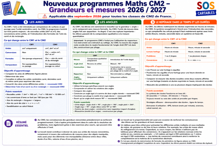 Nouveaux programmes Maths CM2 : Grandeurs Mesures 4 leçons et exercices CM1-CM2,SOS Cartables,Sciences