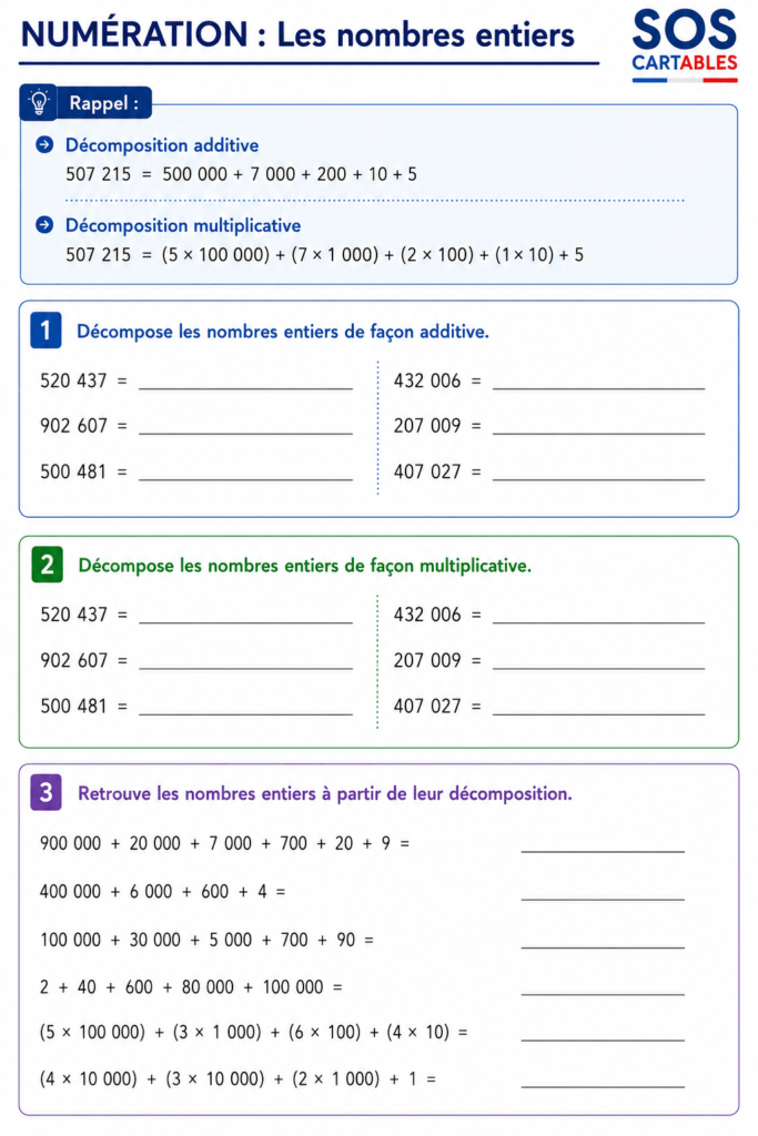 Décomposer des nombres entiers CM1 CM2 : exercices essentiels corrigés 6 décomposer des nombres entiers CM1 CM2,décomposition additive,décomposition multiplicative