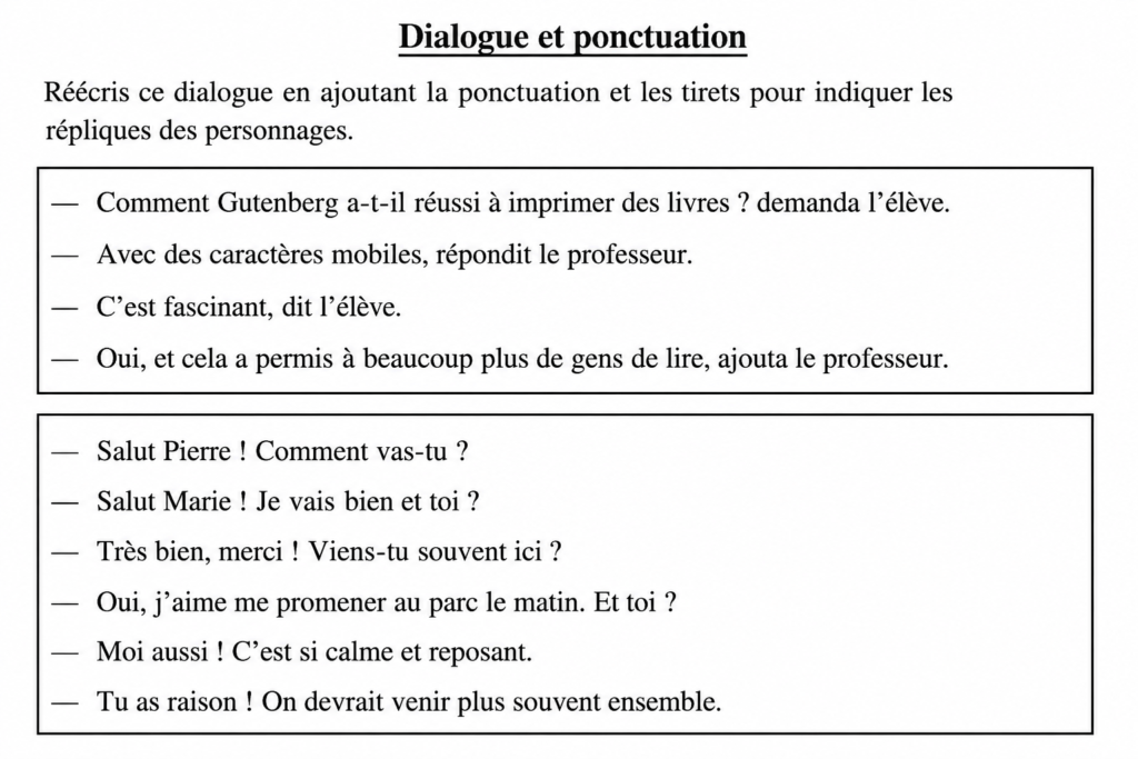 Ponctuation dans le dialogue CM1 CM2 : exercices corrigés gratuits sur guillemets et tirets 2 Ponctuation dans le dialogue CM1 CM2 : exercices corrigés gratuits sur guillemets et tirets