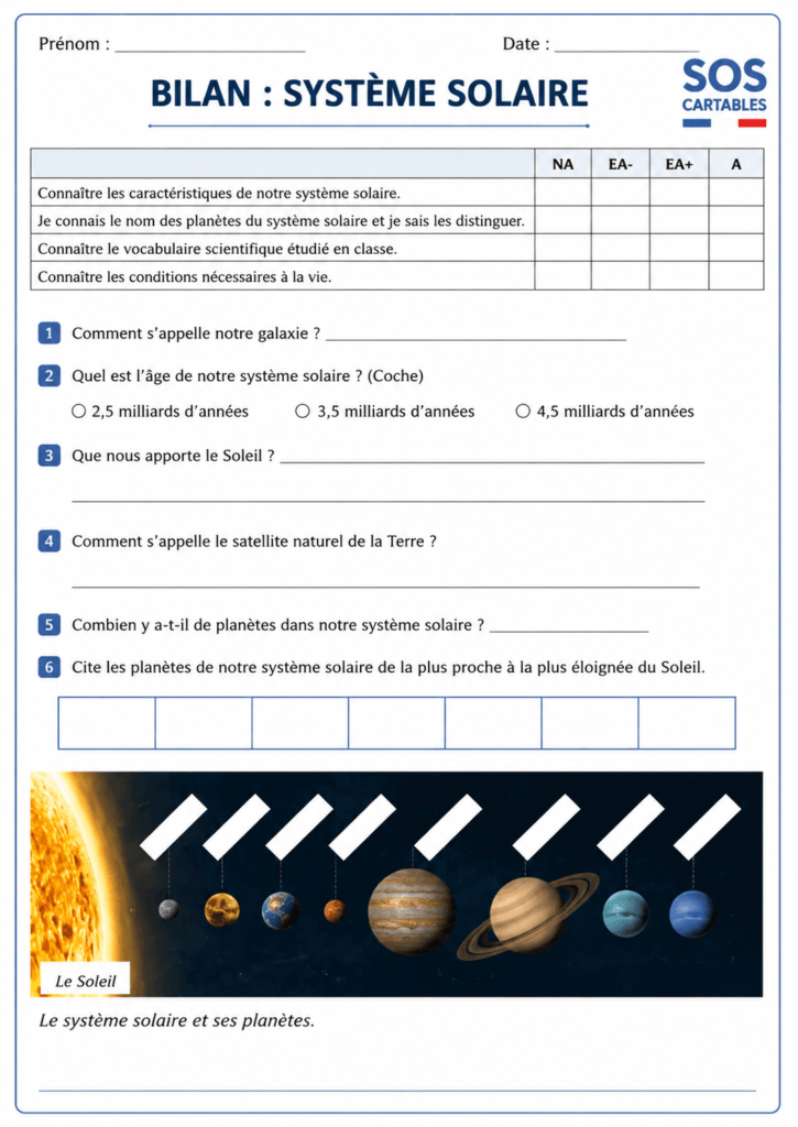 Évaluation Système solaire CM1 CM2 : bilan + corrigé PDF 3 Évaluation Système solaire CM1 CM2 partie 1
