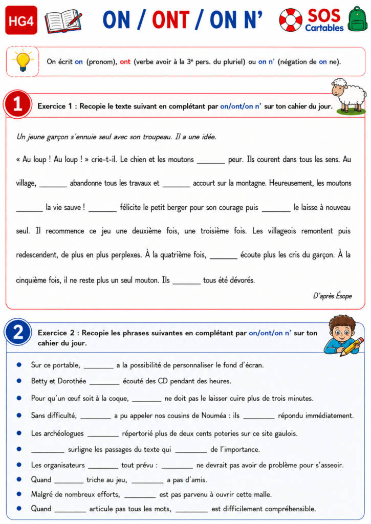 Exercices "on ont" CM1 CM2 : fiches indispensables avec correction détaillée 4 exercices homophones on et ont CM1 CM2 - fiche 2