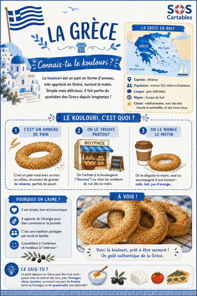 Se nourrir dans le monde CM1 : les petits-déjeuners 4 Fiche pays La Grèce : connais-tu le koulouri, pain grec en forme d'anneau