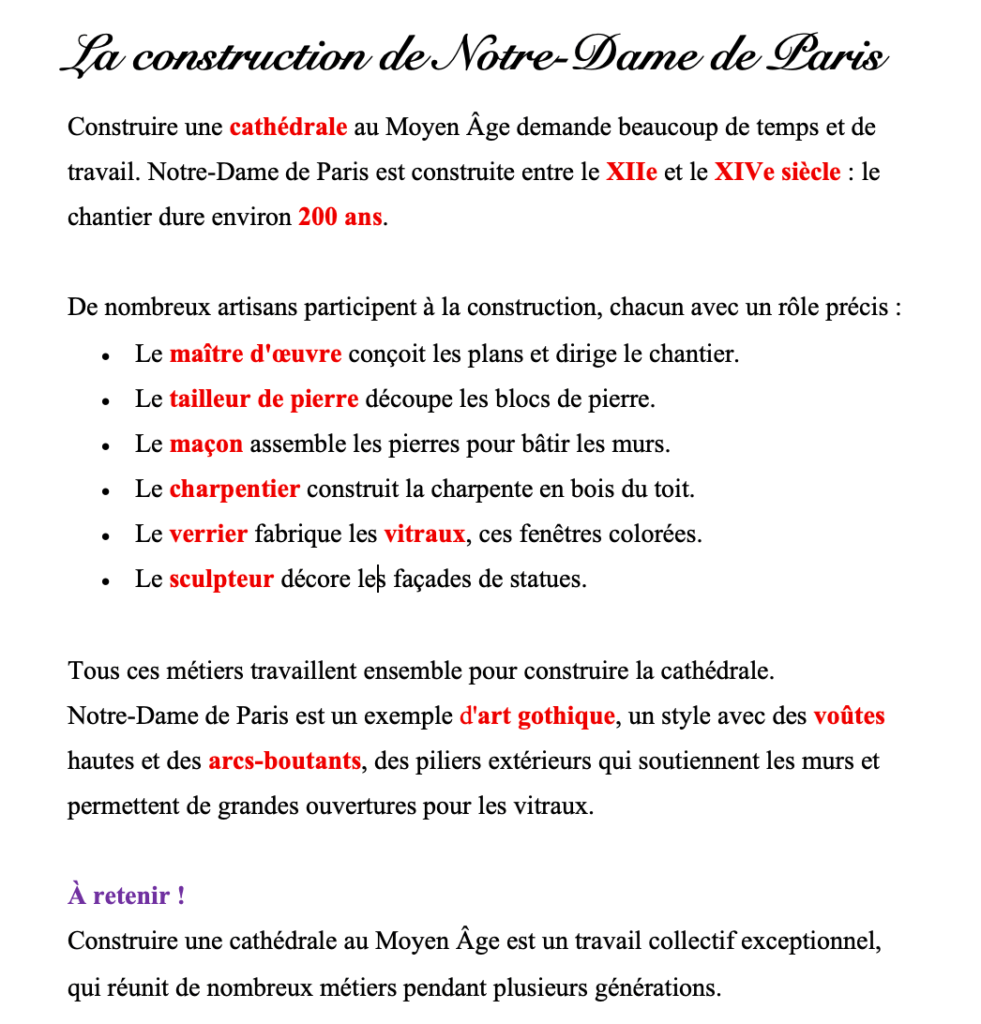 La construction de Notre-Dame de Paris CM1 : la leçon complète 2 Fiche de leçon sur la construction de Notre-Dame de Paris CM1 : le chantier, les métiers et l'art gothique