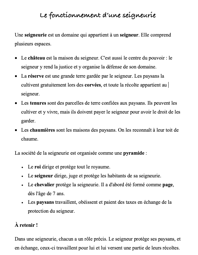 Le fonctionnement d'une seigneurie CM1 : la leçon complète 2 Le fonctionnement d'une seigneurie