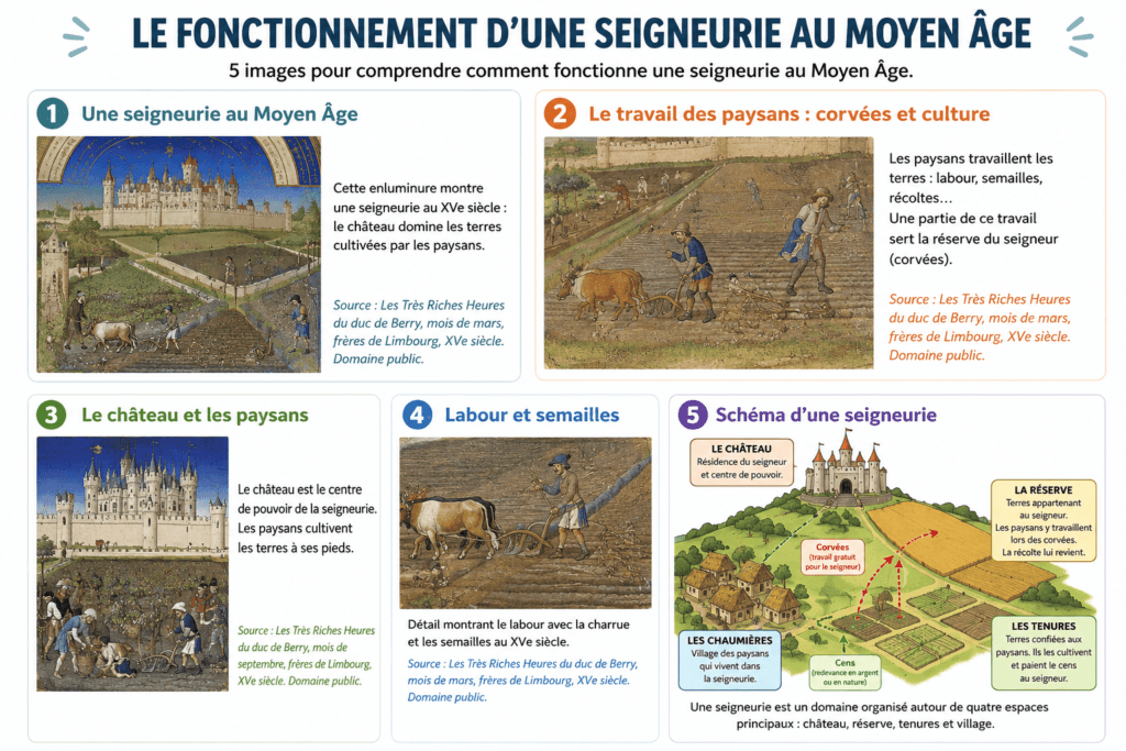 Le fonctionnement d'une seigneurie CM1 : la leçon complète 3 schéma des espaces d'une seigneurie CM1 - château réserve tenures chaumières