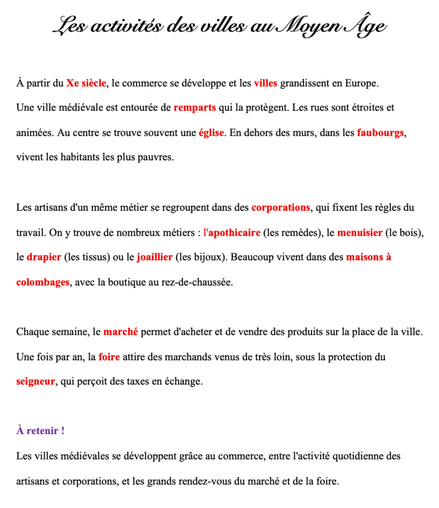 Les activités des villes au Moyen Âge CM1 : la leçon complète 2 Fiche de leçon sur les activités des villes au Moyen Âge CM1