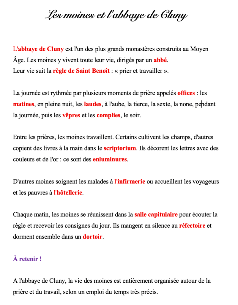 Les moines et l'abbaye de Cluny CM1 : la leçon complète 2 Leçon sur les moines et l'abbaye de Cluny