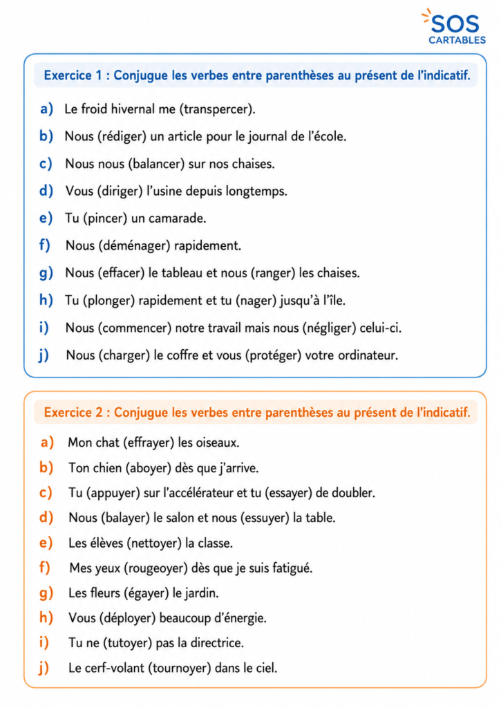 Verbes en -cer, -ger, -yer CM1 CM2 : exercices et correction 3 Verbes en -cer, -ger, -yer CM1 CM2 : exercices et correction