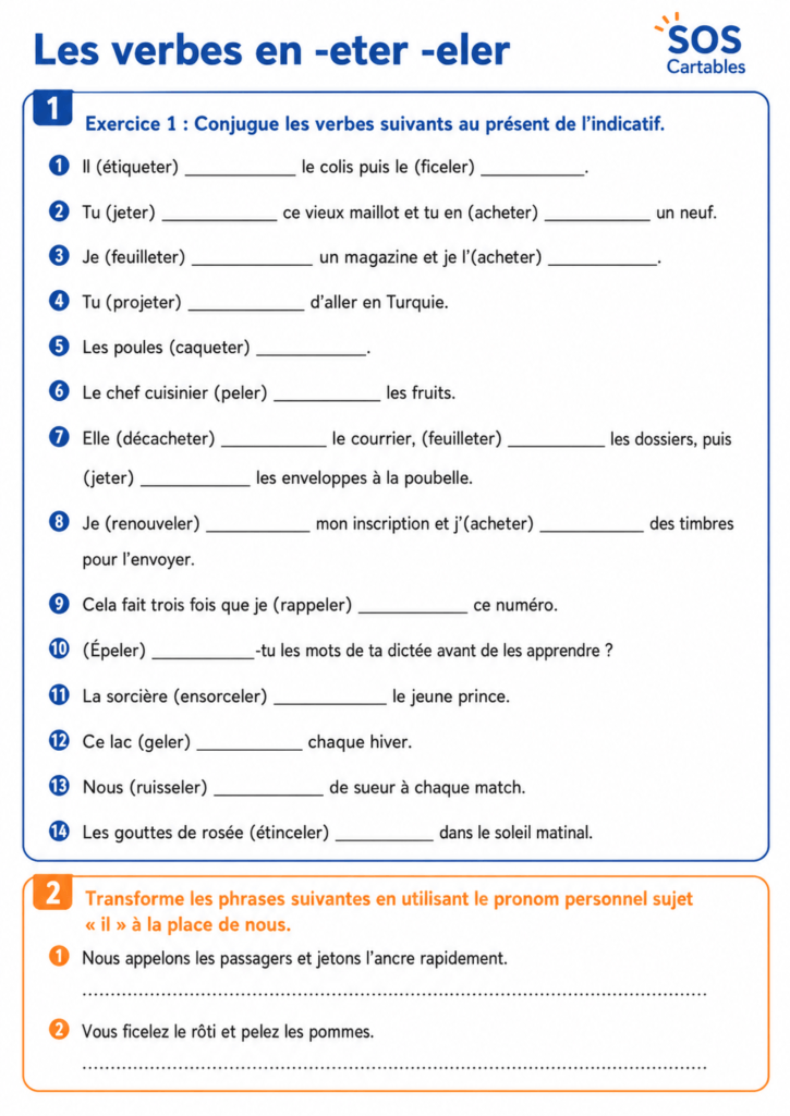 Les verbes en -eter -eler CM1 CM2 : exercices et corrigés 6 verbes en -eter -eler CM1 CM2,verbes en -eter,verbes en -eler,exercices,cm2