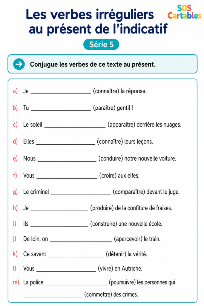 Exercices sur les verbes irréguliers au présent CM2 : perfectionnement n°1