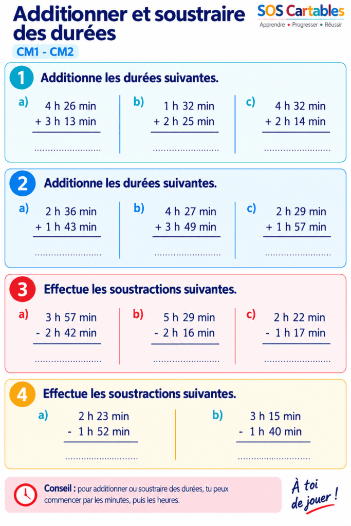 Additionner et soustraire des durées CM1 CM2 : exercices 