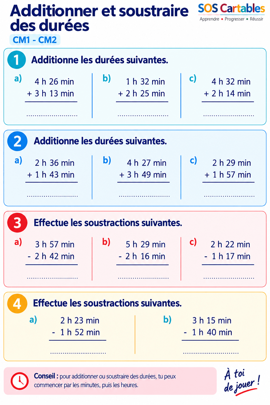 You are currently viewing Additionner et soustraire des durées CM1 CM2 : exercices et corrigés