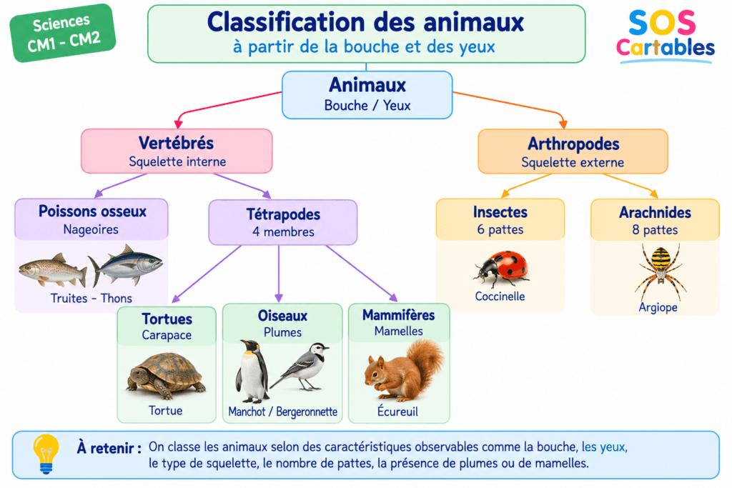 La classification des animaux CM1 CM2 : leçon complète et gratuite 7 Classification des animaux par arborescence CM1 CM2 — arbre du vivant vertébrés invertébrés