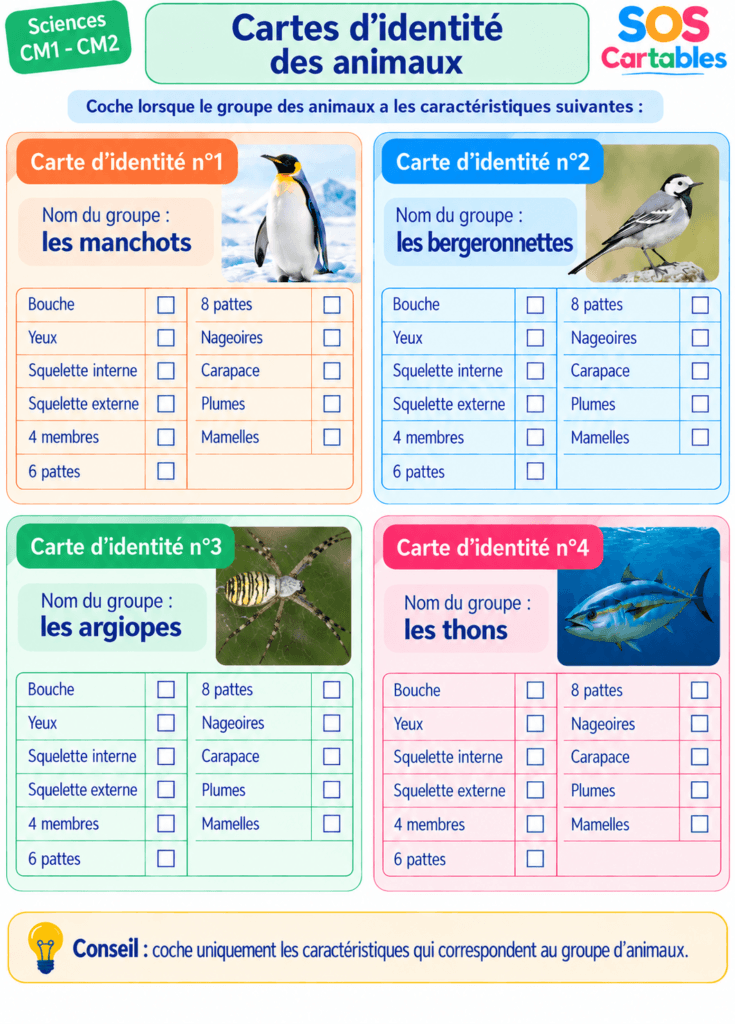 La classification des animaux CM1 CM2 : leçon complète et gratuite 4 classification des animaux CM1 CM2,caractères,arborescence,groupes emboîtés