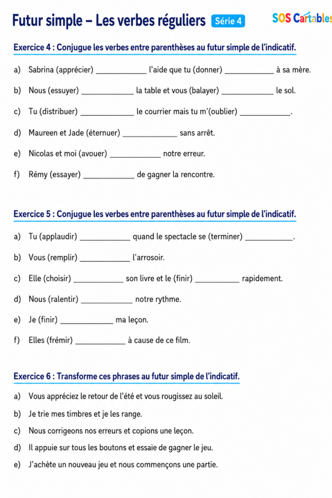 Fiche d'exercices sur le futur simple CM1 CM2 et correction (verbes en -er et en -ir) 6 Fiche d'exercices sur le futur simple CM1 CM2 et correction (verbes en -er et en -ir) - Série 4