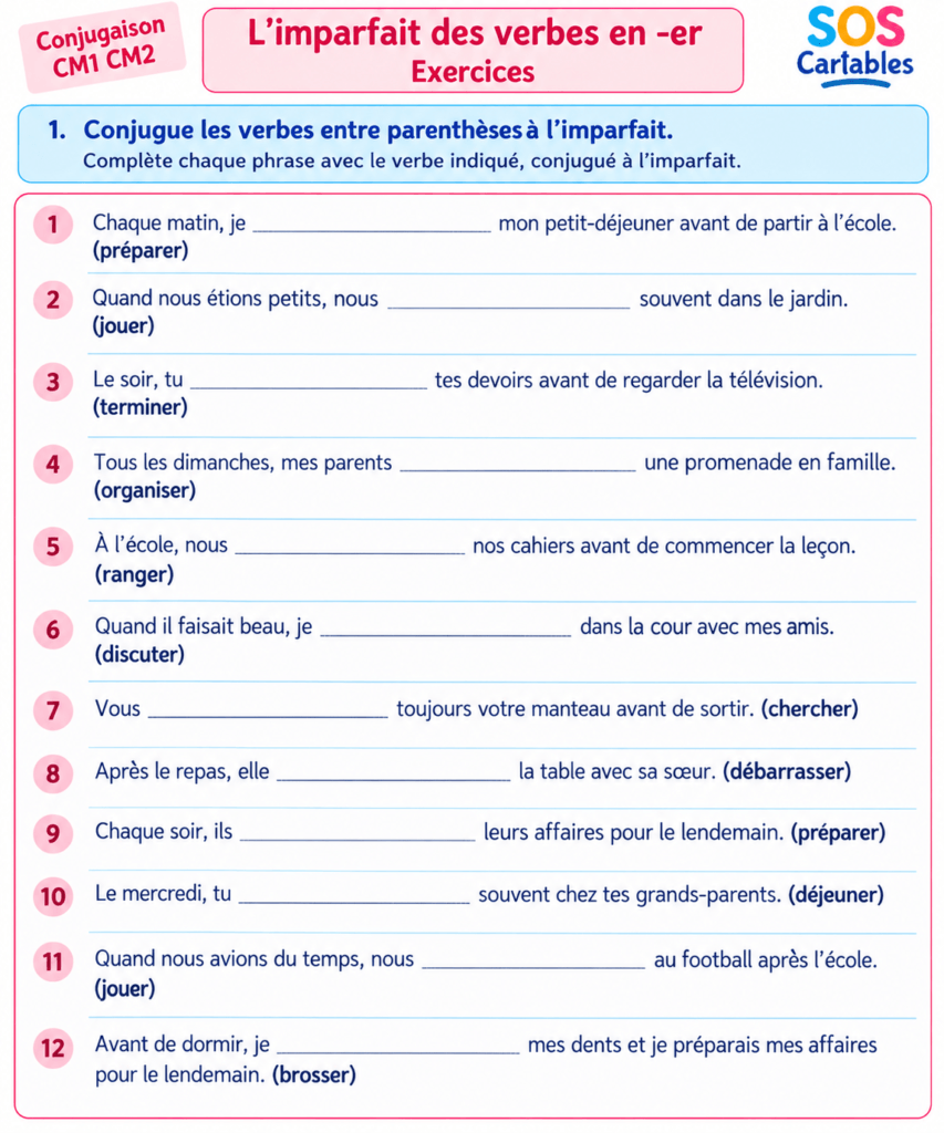 Imparfait des verbes en -er CM1 CM2 : exercices corrigés - Série 2