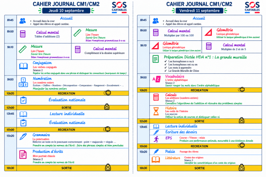 Cahier journal CM1 CM2 : semaine 2 du 10 au 11 septembre