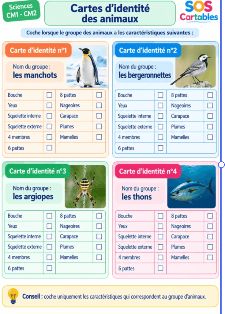 La classification des animaux CM1 CM2 : leçon complète et gratuite 8 classification des animaux CM1 CM2,caractères,arborescence,groupes emboîtés