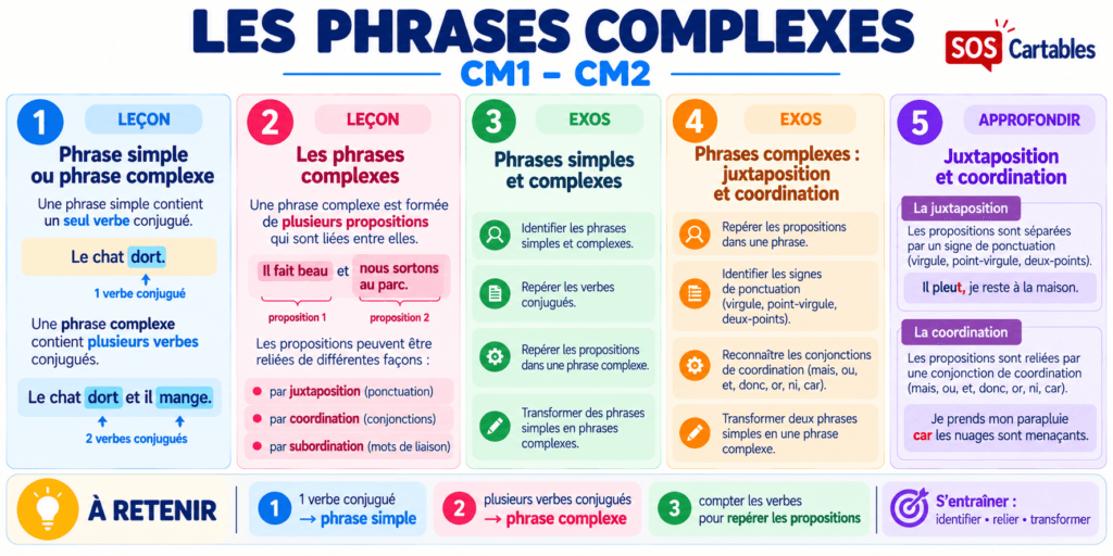 Phrases complexes CM1 CM2 : leçon et exercices