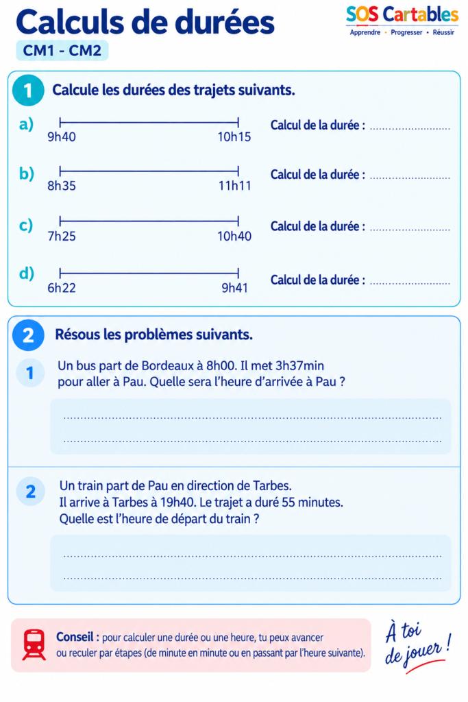 Problèmes de durées CM1 CM2 : exercices et corrigés 2 Problèmes de durées CM1 CM2 : Série 1