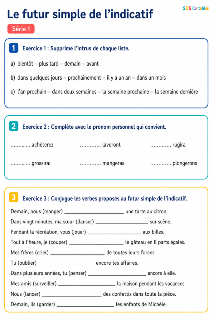 Fiche d'exercices sur le futur simple CM1 CM2 et correction (verbes en -er et en -ir) 3 Fiche d'exercices sur le futur simple CM1 CM2 et correction (verbes en -er) - Série 1