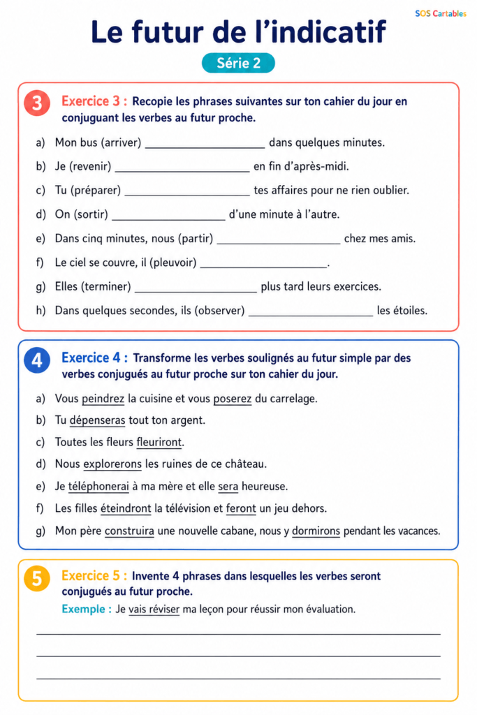 Le futur proche CM1 CM2 : exercices et correction | SOS Cartables 3 futur proche CM1 CM2,futur proche,exercices futur proche,verbe aller au présent