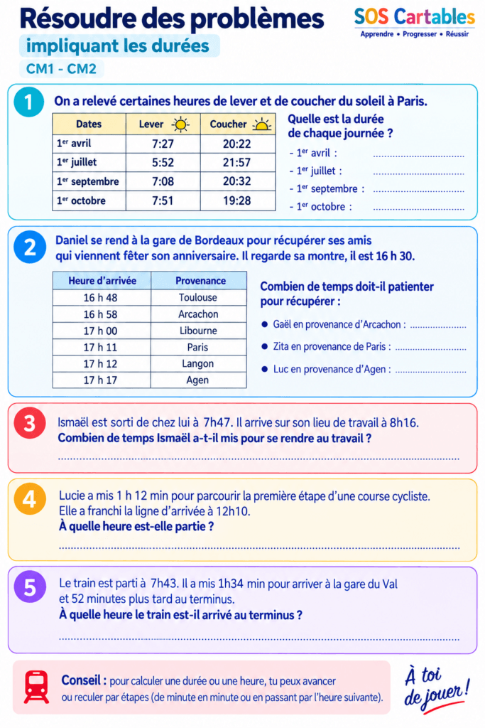 Problèmes de durées CM1 CM2 : exercices et corrigés 4 problèmes de durées CM1 CM2,problèmes de durées,calcul de durée,calcul de la durée,problèmes