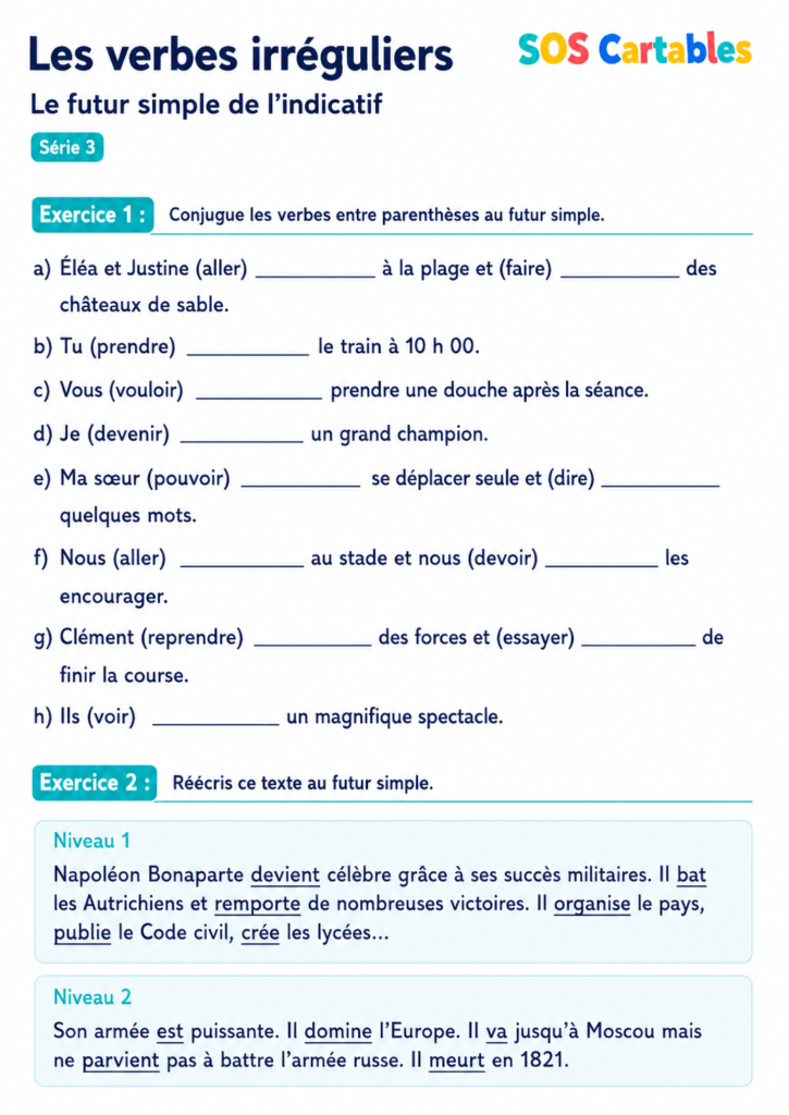Futur simple CM1 CM2 : Approfondissement - Verbes irréguliers, niveau 1