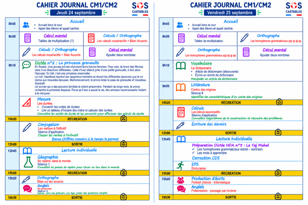 cahier journal CM1 CM2 semaine 4,CONTES DES ORIGINES,Révolution,système solaire,société féodale,lecture individuelle