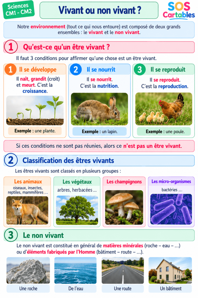Leçon vivant ou non vivant CM1 CM2 : tableau comparatif des êtres vivants et du non vivant, fiche gratuite