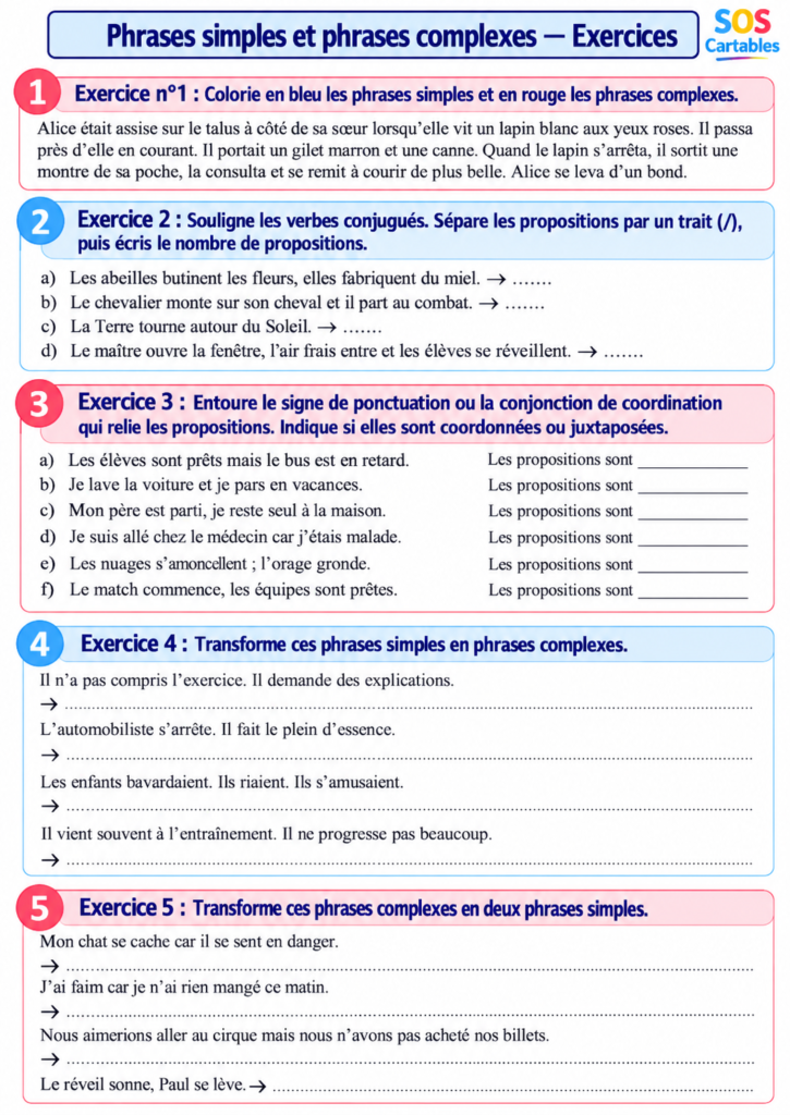 Évaluation phrases simples et complexes CM1 CM2 + corrigé