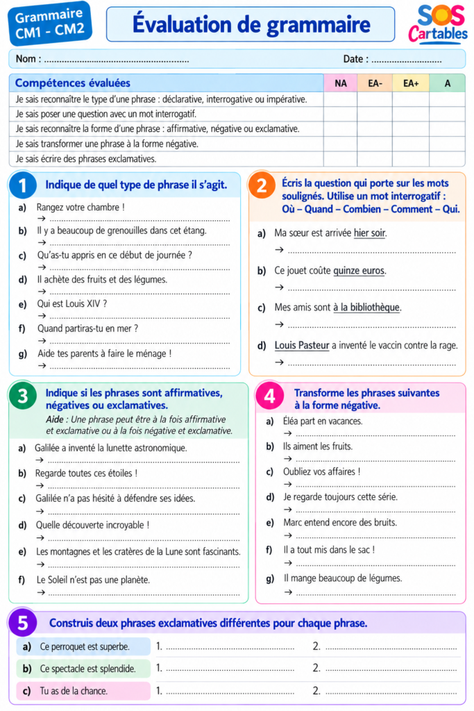 Évaluation types et formes de phrases CM1 CM2