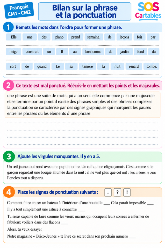 Évaluation phrase et ponctuation CM1 CM2 + corrigé 2 évaluation phrase et ponctuation CM1 CM2 Version A