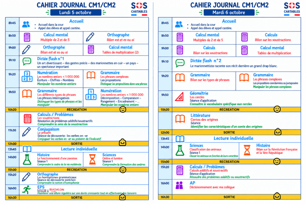 Cahier journal CM1 CM2 : semaine 6 (5-6 octobre)