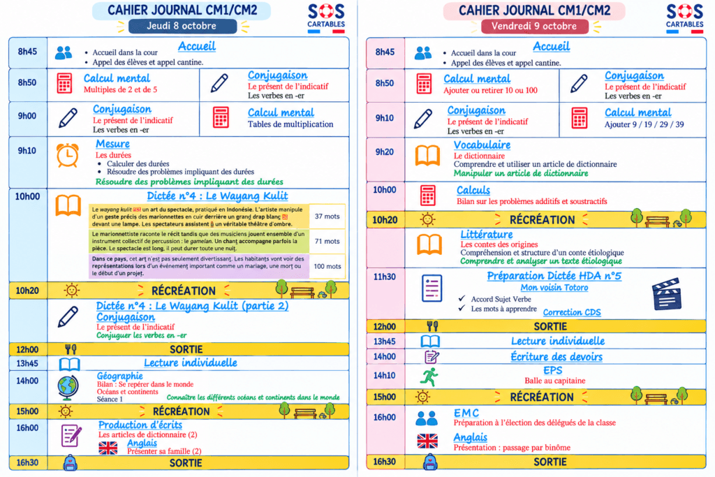 Cahier journal CM1 CM2 : semaine 6 ( 8 et9 octobre)